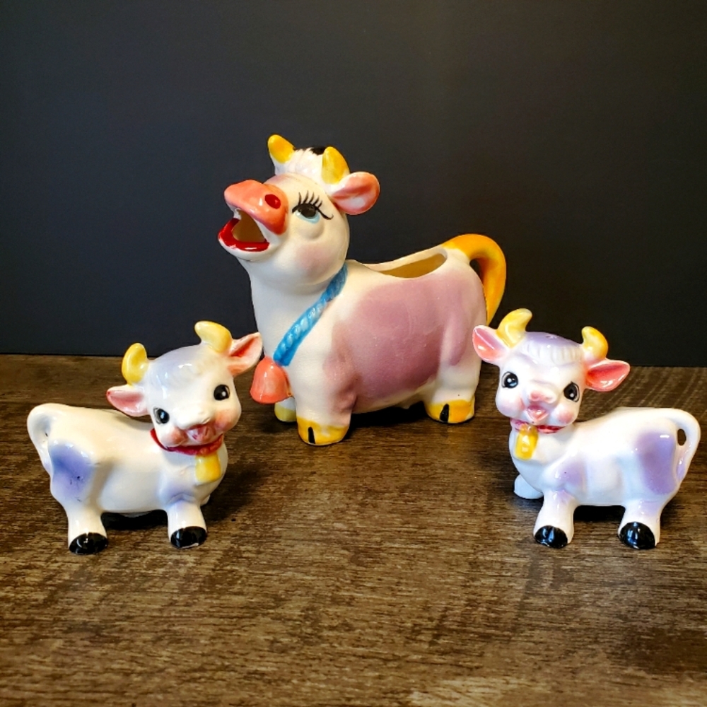 Vintage Ceramic Cow Figurines Set, Salt and Pepper Shakers, Creamer.